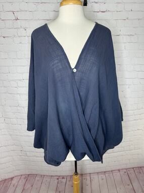 100% Linen SAGA Italy Blue Batwing Pullover Top Women's One Size Resort Lounge